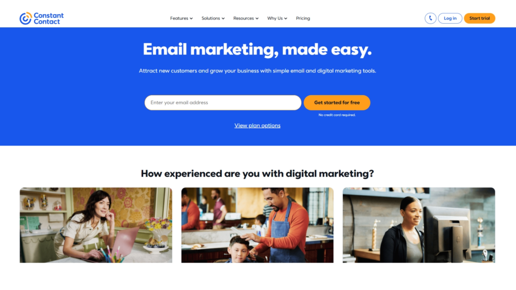 Constant Contact email marketing platform for small businesses. Features include email campaigns, automation, templates, and contact management.