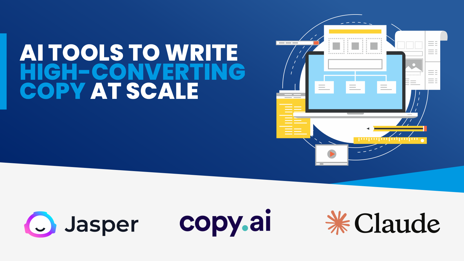 Illustration of AI copywriting tools like Jasper, Copy.ai, and Claude being used to generate high-converting content across multiple formats, with optimization features for tone, SEO, and campaign performance — essential tools every affiliate marketer should be using