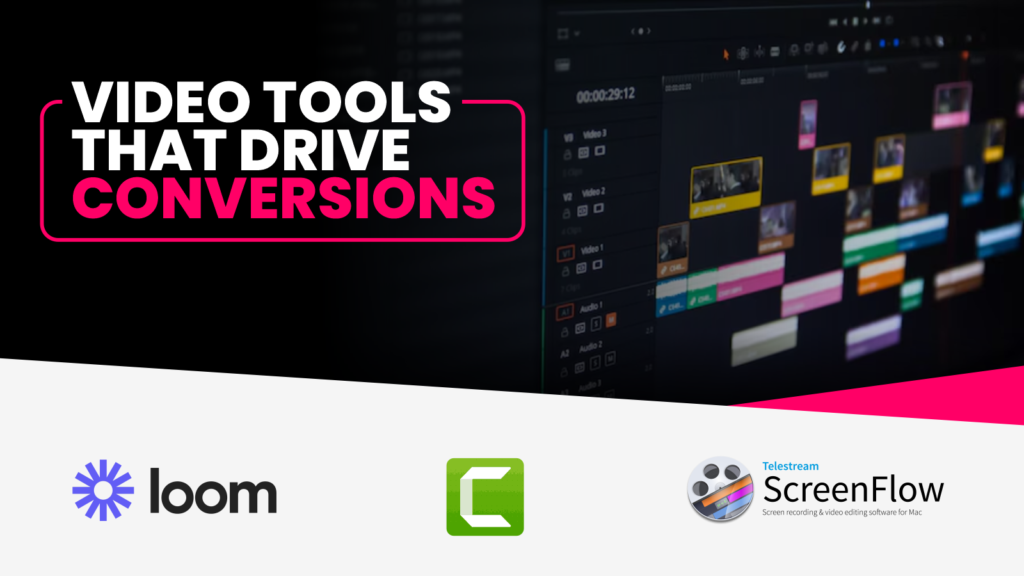 Illustration of video editing tools for marketers, showing a video timeline interface representing platforms like Loom, Camtasia, and ScreenFlow — essential tools every affiliate marketer should be using to improve conversions.